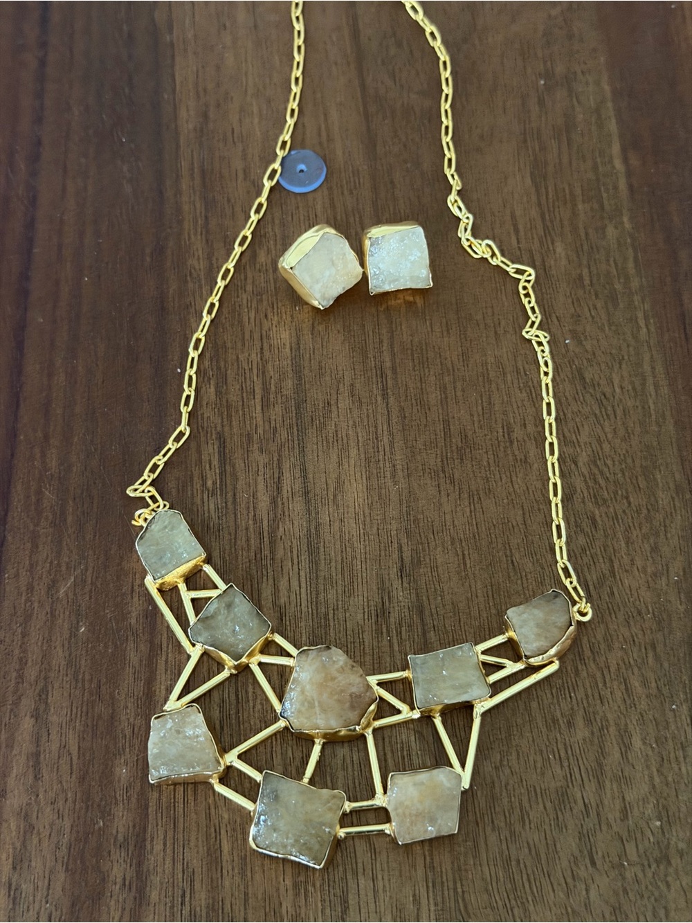 Gold-Tone Druzy Statement Necklace and Stud Earring Set - Gold